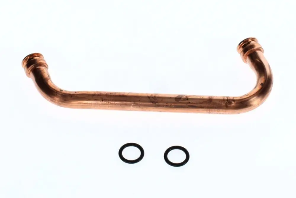 Kupferrohr mit gebogenen Enden und zwei schwarzen O-Ringen, geeignet für Bosch-Anwendungen in Heizungs- oder Kühlsystemen.